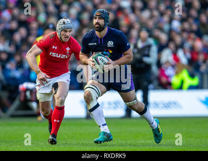 Das Stadion Murrayfield, Edinburgh, Großbritannien. 9 Mär, 2019. Guinness sechs Nationen Rugby, Schottland gegen Wales; Josh Strauss von Schottland Kredit: Aktion plus Sport/Alamy leben Nachrichten Stockfoto