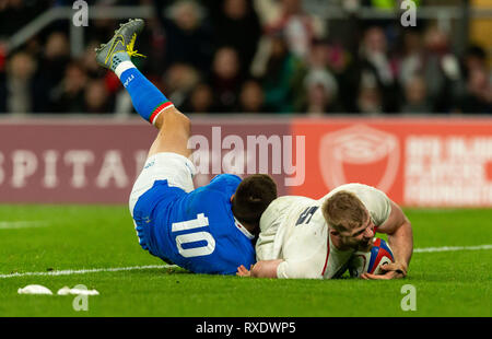 Twickenham, London, UK. 9 Mär, 2019. 09/03/2019 George Kruis von England Kerben ihr 6. Versuchen Sie, während der Guinness 6 Nationen Übereinstimmung zwischen England und Italien in Twickenham Stadium. Credit: Paul Harding/Alamy leben Nachrichten Stockfoto