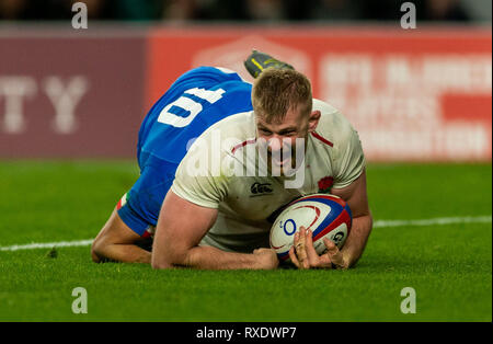 Twickenham, London, UK. 9 Mär, 2019. 09/03/2019 George Kruis von England Kerben ihr 6. Versuchen Sie, während der Guinness 6 Nationen Übereinstimmung zwischen England und Italien in Twickenham Stadium. Credit: Paul Harding/Alamy leben Nachrichten Stockfoto