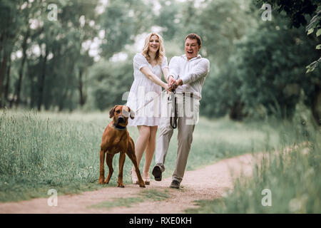 Junge Mann und seine Frau mit ihrem Hund auf einen Spaziergang im Park Stockfoto