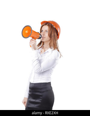 Junge Frau Architekt mit orange Helm sagt in megatonnage Stockfoto