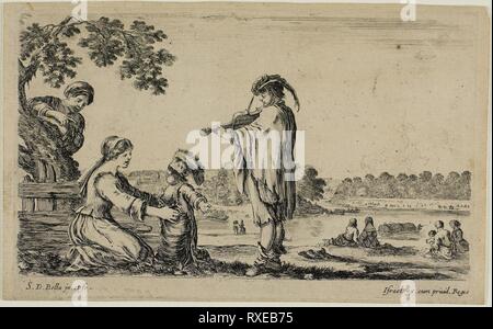 Ständigen Geiger, von den verschiedenen Figuren aus der Landschaft. Stefano Della Bella; Italienisch, 1610-1664. Datum: 1649. Abmessungen: 100 x 160 mm (Platte). Radierung auf Papier. Herkunft: Italien. Museum: Das Chicago Art Institute. Stockfoto
