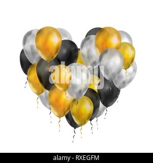 Viel Luxus Luftballons in Gold, Silber und Schwarz Farben in Herz Form isoliert auf weißem Stock Vektor