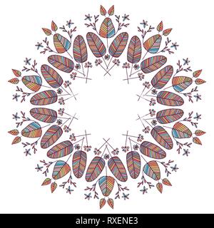 Schöne Zusammenfassung Vektor handgezeichnete Abbildung aus bunte Blätter und Pflanzen auf weißem Hintergrund. Ethnische und Tribal floral Wreath. Stock Vektor