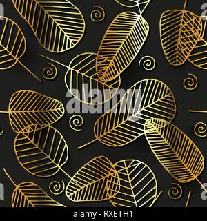 Vektor nahtlose Muster mit goldenen Skelett Blätter auf schwarzen Hintergrund. Luxus glänzende Textur. Abstrakte trendy Gold und schwarze Tapete. Stock Vektor