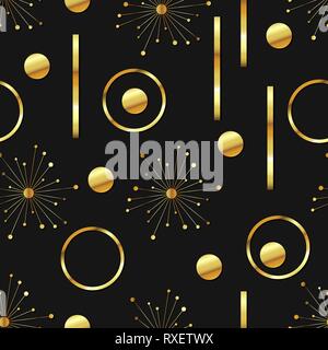 Die nahtlose Vektor Zusammenfassung Hintergrund mit gold verspiegelt Elemente auf schwarzem Hintergrund. Wunderschöne, elegante und luxuriöse, sich wiederholendes Muster mit geometrischen Formen. Stock Vektor