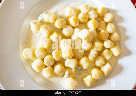 Italienische Küche - Blick von oben auf die Gnocchi (Teig Knödel aus Mehl von Weizen und Kartoffeln) mit Soße von Gorgonzola Blauschimmelkäse auf weiße Platte in lokalen Res Stockfoto