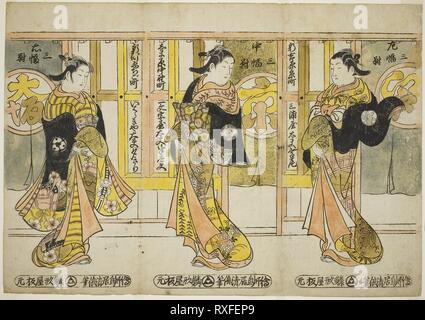 High-Ranking Kurtisanen der drei Hauptstädte - ein Satz von drei (Santo tayu sanpukutsui). Torii Kiyomasu II; Japanisch, 1706 (?)-4418 (?). Datum: 1735-1745. Abmessungen: 33,7 x 48,1 cm (13 1/4 in. x 19 in.). Hand - farbige Holzschnitt; uncut hosoban Triptychon, urushi-e. Herkunft: Japan. Museum: Das Chicago Art Institute. Stockfoto