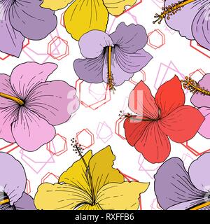 Vektor Hibiskus Blumen tropische Blumen. Graviert Tinte Kunst auf weißem Hintergrund. Nahtlose Muster. Stock Vektor