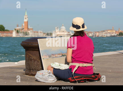 Künstler Malerei Blick auf San Giorgio Maggiore Basilica di Santa Maria della Salute am Zutritt zu den Canal Grande, Venedig, Italien Stockfoto