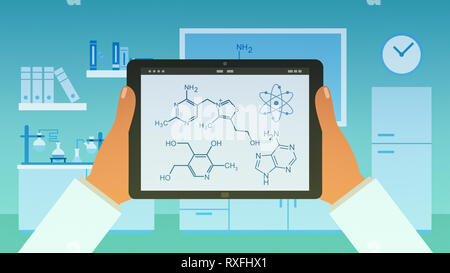 Wissenschaftler ein Tablet PC mit einem Chemie app, chemischen Forschungslabor auf dem Hintergrund, Konzept von Wissenschaft und Technologie Stockfoto