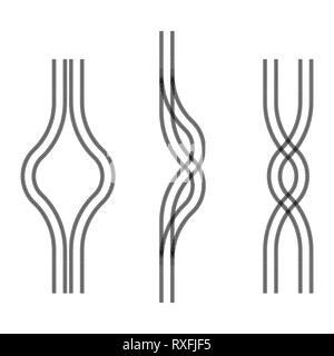 Satz von drei schwarzen Reifenspuren, die verschiedene Formen auf weißem Hintergrund Stock Vektor