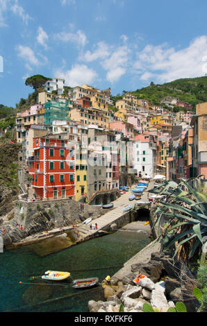 Riomaggiore, einem Dorf in der Gemeinde in der Provinz La Spezia, in einem kleinen Tal in der Region Ligurien in Italien Stockfoto