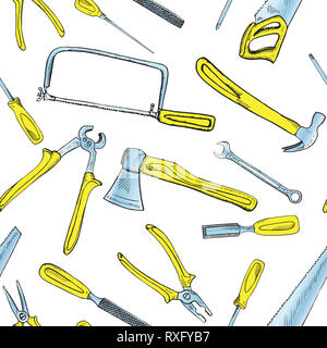 Handsäge, Schaffen Säge, Meißel, Ahle, Hammer, Feile, Schraubendreher, Schraubenschlüssel, Zangen und Ax, nahtlose Muster Design, Hand gezeichnet Doodle, Skizze in der Pop Art Stockfoto