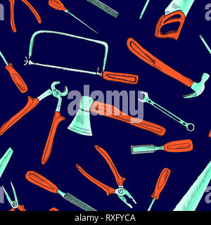 Handsäge, Schaffen Säge, Meißel, Ahle, Hammer, Feile, Schraubendreher, Schraubenschlüssel, Zangen und Ax, nahtlose Muster Design, Hand gezeichnet Doodle, Skizze in der Pop Art Stockfoto