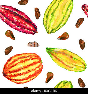 Kakao (Theobroma) Reife Bohnen Sorten: trinitario, Criollo, forasterro und Nacional, nahtlose Muster, Handgemalten Aquarell illustrati Stockfoto