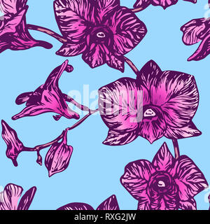 Orchidee Blumen, Hand gezeichnet Doodle, Skizze im Pop Art Stil, nahtlose Muster auf blauem Hintergrund Stockfoto