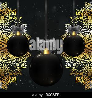 Schöne vektor Weihnachtskugeln in schwarzer Farbe auf/-Hintergrund mit Bögen, Gold, Schnürsenkel, Bokeh und funkelt. Schicke und luxuriöse Grußkarte Design. Stock Vektor