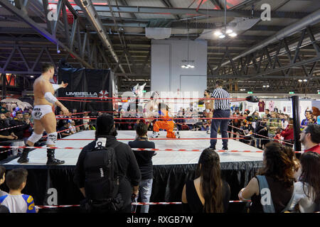 Mailand, Italien - 8. März 2019 Cartoomics Comic Con Wrestling Cosplay Demonstration Stockfoto