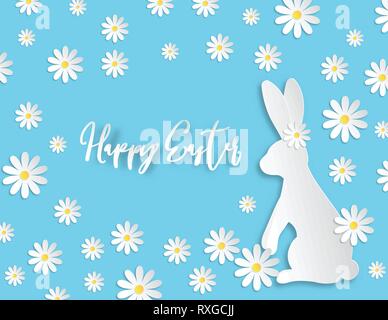 Kreative Abbildung: Papier schneiden Frohe Ostern Hintergrund mit Kaninchen und Blüten auf blauem Hintergrund. Digitale Handwerk und Papier kunst für Poster, Banner, pos Stock Vektor