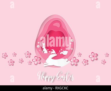 Kreative Abbildung: Papier schneiden Frohe Ostern Hintergrund mit Kaninchen und Blumen auf rosa Hintergrund. Digitale Handwerk und Papier kunst für Poster, Banner, pos Stock Vektor
