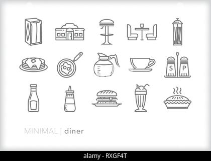 Satz von 15 Roadside diner Essen und Trinken Zeile für Symbole Stock Vektor