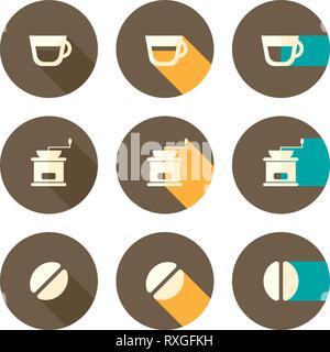 Flaches Design Icons mit dem Thema Kaffee Zubereitung. Coffee Bean, Schleifer und Becher. Stock Vektor