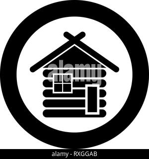 Hölzerne Haus Scheune mit Holz modulare Kabinen Holzhütte modulare Häuser Symbol Farbe schwarz Vektor im Kreis runde Abbildung: Flat Style simple Image anmelden Stock Vektor
