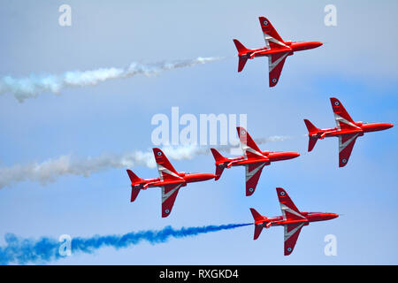 Rote Pfeile, Hawk Flugzeug, Airshow Scarborough Stockfoto