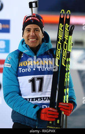 Östersund, Schweden. 9 Mär, 2019. IBU Biathlon Weltmeisterschaften, Tag 3, Sprint Männer; Quentin Fillon Maillet (FRA) stellt der Credit: Aktion plus Sport/Alamy leben Nachrichten Stockfoto