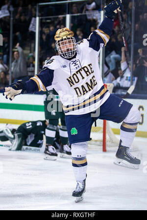 South Bend, Indiana, USA. 09 Mär, 2019. Notre Dame vorwärts Pierce Crawford (17) feiert Ziel während der NCAA Hockey spiel action zwischen den Michigan State Spartans und den Notre Dame Fighting Irish in Compton Familie Ice Arena in South Bend, Indiana. Johann Mersits/CSM/Alamy leben Nachrichten Stockfoto