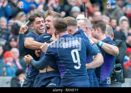 Edinburgh, Schottland. . 09 Mär, 2019. firo: 09.03.2019 Rugby, Guinness sechs Nationen Übereinstimmung zwischen Schottland und Wales bei BT Stadion Murrayfield, Edinburgh, Darcy Graham (#11) von Schottland | Quelle: dpa/Alamy leben Nachrichten Stockfoto