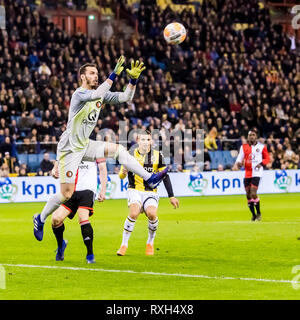 ARNHEM, Vitesse - Feyenoord, 10-03-2019 Fußball, niederländischen Eredivisie Saison 2018 - 2019, Stadion de Gelredome, Feyenoord Torhüter Joris Delle (L) fängt den Ball Stockfoto