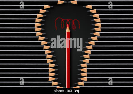 Kreativität, Idee oder Brainstorming Business Konzept, Glühbirne Form durch schwarze Bleistifte mit roter Stift gebildet in der Mitte, minimalen Begriff flatlay Stockfoto