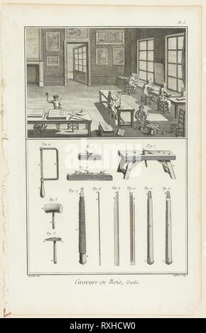 Holzstich, Werkzeuge, von Encyclopédie. A.J.Defehrt (Französisch, Aktiv 18. Jahrhundert); nach Jacques Raymond Lucotte, (Französisch, Aktiv 18. Jahrhundert); von André Le Breton (Französisch, 1708-1779), Michel-Antoine David (Französisch, c. veröffentlicht. 1707-1769), Laurent Durand (Französisch, 1712-1763), und Antoine-Claude Briasson (Französisch, 1700-1775). Datum: 1762-1777. Abmessungen: 312 x 205 mm (Bild); 355 × 225 mm (Platte); 390 × 255 mm (Blatt). Gravur auf Creme Bütten. Herkunft: Frankreich. Museum: Das Chicago Art Institute. Stockfoto