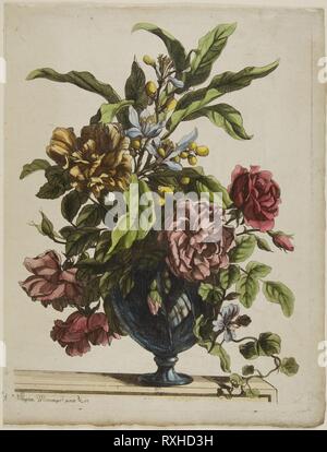 Vase mit Blumen. Jean Baptiste Monnoyer; Französisch, 1636-1699. Datum: 1660. Abmessungen: 280 x 216 mm (Platte); 300 x 230 mm (Blatt). Ätzen in Schwarz, mit hand-Färbung, auf Elfenbein Papier. Herkunft: Frankreich. Museum: Das Chicago Art Institute. Stockfoto