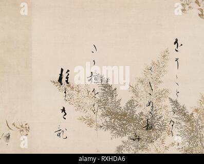 Ein Gedicht von der Shin Kokinshu mit Design von Shinobugusa Gräser. Hon'ami Koetsu; Japanisch, 1558-1637. Datum: 1605-1610. Abmessungen: 33,6 x 44,5 cm (13 1/4 x 17 1/2 in.). Fragment einer handscroll montiert als Hängerolle, Tusche, Gold, Silber-farbige Pigment, und Glimmer, auf Papier. Herkunft:. Museum: Das Chicago Art Institute. Stockfoto