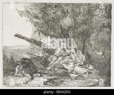 Die Heilige Familie in einem Holz, Platte 23 von der Flucht nach Ägypten. Giovanni Domenico Tiepolo; Italienisch, 1727-1804. Datum: 1752-1753. Abmessungen: 192 x 241 mm. Radierung auf Papier. Herkunft: Italien. Museum: Das Chicago Art Institute. Stockfoto