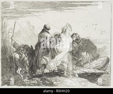 Die Heilige Familie Schritt weg von der Bank, Platte 15 von der Flucht nach Ägypten. Giovanni Domenico Tiepolo; Italienisch, 1727-1804. Datum: 1752-1753. Abmessungen: 187 x 243 mm. Radierung auf Papier. Herkunft: Italien. Museum: Das Chicago Art Institute. Stockfoto