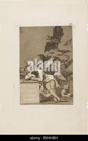 Der Schlaf der Vernunft gebiert Ungeheuer, Platte 43 aus Los Caprichos. Francisco José de Goya y Lucientes; Spanisch, 1746-1828. Datum: 1797-1799. Abmessungen: 180 x 120 mm (Bild); 212 x 150 mm (Platte); 303 x 198 mm (Blatt). Radierung und Aquatinta auf Elfenbein Bütten. Herkunft: Spanien. Museum: Das Chicago Art Institute. Stockfoto