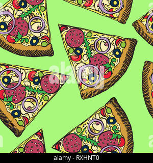 Heißen italienischen Pizza mit Salami, Rucola, Tomaten, Zwiebeln, Oliven und Käse, Hand gezeichnet Doodle, Skizze im Pop Art Stil, nahtlose Muster Stockfoto