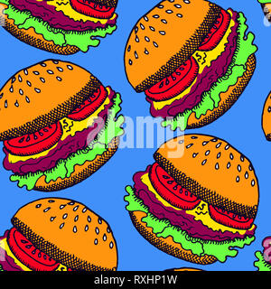 Hot Dog mit einer Wurst und Burger, Hand gezeichnet Doodle, Skizze im Pop Art Stil, nahtlose Muster auf Blau Stockfoto