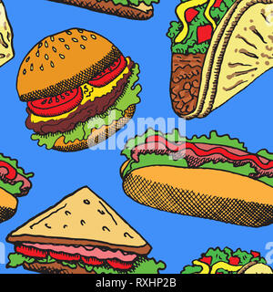 Hot Dog mit einem Würstchen, Hamburger, Sandwich und Tacos, Hand gezeichnet Doodle, Skizze im Pop Art Stil, nahtlose Muster auf blauem Hintergrund Stockfoto