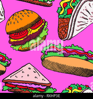Hot Dog mit einem Würstchen, Hamburger, Sandwich und Tacos, Hand gezeichnet Doodle, Skizze im Pop Art Stil, nahtlose Muster auf rosa Hintergrund Stockfoto