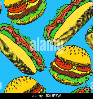 Hot Dog mit einer Wurst und Burger, Hand gezeichnet Doodle, Skizze im Pop Art Stil, nahtlose Muster auf blauem Hintergrund Stockfoto