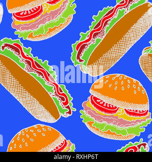 Hot Dog mit einer Wurst und Burger, Hand gezeichnet Doodle, Skizze im Pop Art Stil, weißer Umriss, nahtlose Muster auf blauem Hintergrund Stockfoto