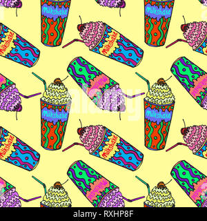 Milchshakes mit Stroh und Kirsche auf der Oberseite, Hand gezeichnet Doodle, Skizze im Pop Art Stil, nahtlose Muster Stockfoto