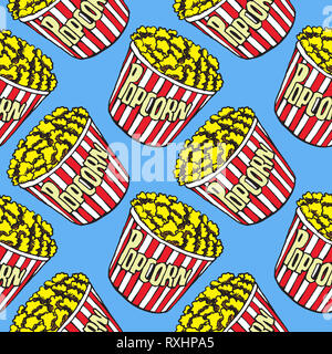 In gestreiften, Popcorn, Hand gezeichnet Doodle, Skizze im Pop Art Stil, nahtlose Muster auf blauem Hintergrund Stockfoto