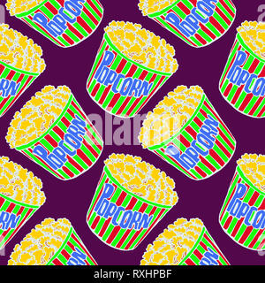 In gestreiften, Popcorn, Hand gezeichnet Doodle, Skizze im Pop Art Stil, weißer Umriss, nahtlose Muster auf lila Hintergrund Stockfoto