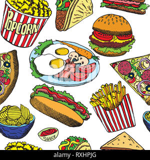 Hot Dog mit einem Würstchen, Hamburger, Sandwich, Tacos, Popcorn, Chips, Pommes frites, Pizza mit Salami, Speck und Eier auf Platte, handgezeichnete Skizze Stockfoto